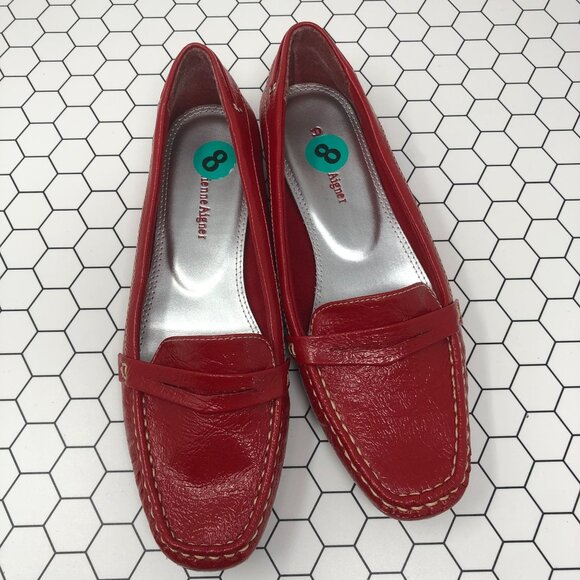 Etienne Aigner Flats Womens Size 8 Red Faux Leather Loafers Taxi Contrast Stitch - Picture 8 of 8